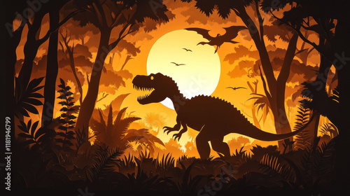 Prehistoric dinosaurs inside T Rex paper cut silhouette, vector Jurassic lizards. Tyrannosaurus T-rex frame with prehistoric funny dino characters in jungle forest of Jurassic park lizards or reptiles photo