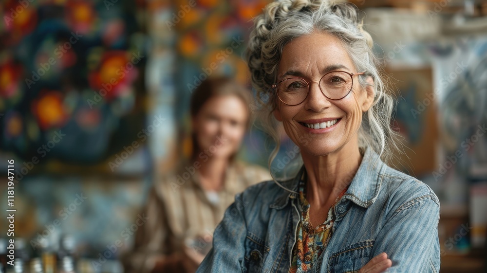A smiling elderly woman with glasses and curly hair poses confidently in an artistic environment, showcasing her creativity alongside another woman in the background. A smiling elderly woman with glasses and curly hair poses confidently in an artistic environment, showcasing her creativity alongside another woman in the background.
