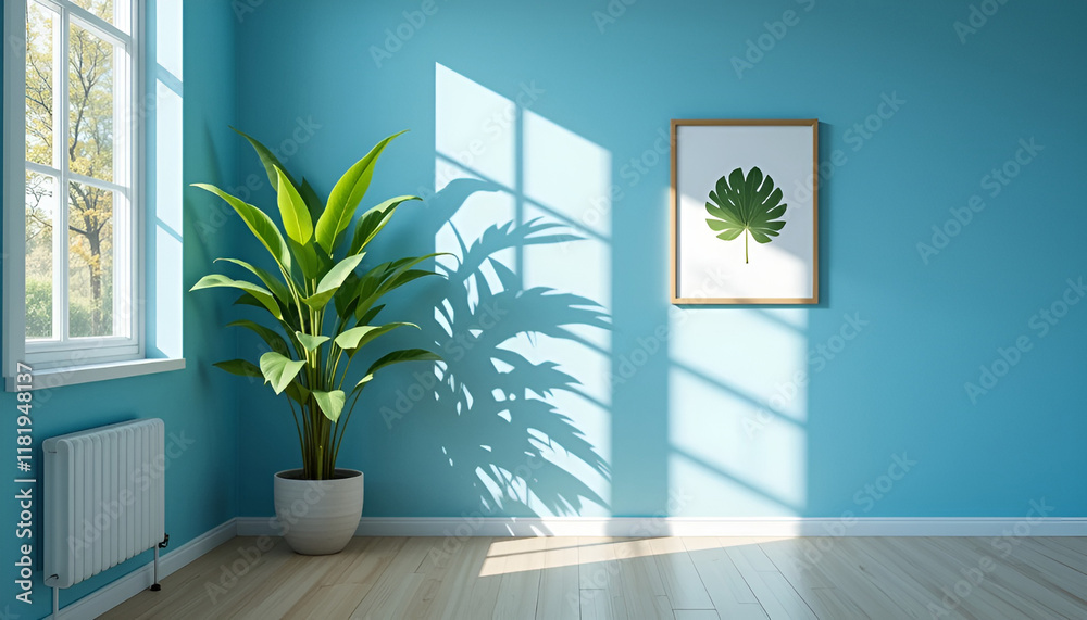 Sun-drenched Teal Room with Tropical Plant and Artwork