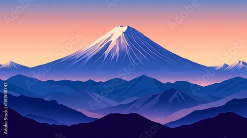 Serene Digital Illustration of a Snow-Capped Mountain at Sunrise, with Layered Blue and Purple Hills in the Foreground, Creating a Peaceful and Vibrant Natural Landscape Scene