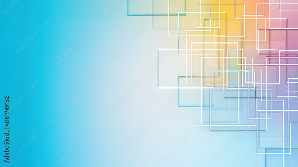 A modern abstract background featuring overlapping transparent squares in soft pastel colors against a gradient backdrop. A modern abstract background featuring overlapping transparent squares in soft pastel colors against a gradient backdrop.