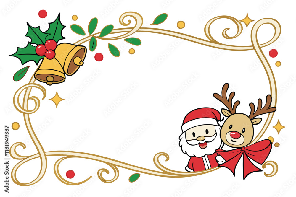 Fototapeta premium Christmas frame, golden ornate border, jingle bells, holly leaves, Santa Claus cartoon, reindeer cartoon, party horns, confetti, red bow, festive decorations, white background, cheerful holiday charac