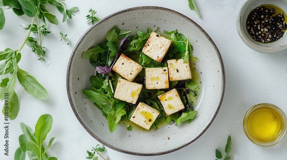 Seared tofu cubes with fresh greens and organic olive oil in a clean setup Seared tofu cubes with fresh greens and organic olive oil in a clean setup