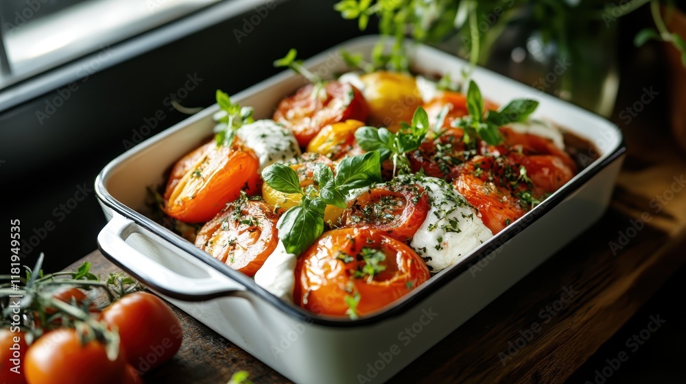 A delicious baked dish made of tomatoes, basil, and creamy cheese presented in an elegant ceramic tray, showcasing the simplicity and richness of home cooking. A delicious baked dish made of tomatoes, basil, and creamy cheese presented in an elegant ceramic tray, showcasing the simplicity and richness of home cooking.