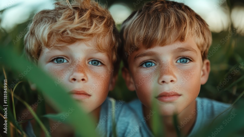 A heartwarming image of two boys peering through tall grass, with expressive eyes reflecting innocence and curiosity, capturing a moment of exploration in nature. A heartwarming image of two boys peering through tall grass, with expressive eyes reflecting innocence and curiosity, capturing a moment of exploration in nature.