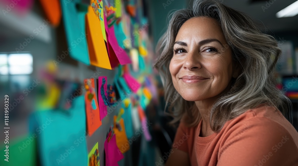 A cheerful woman smiles while sitting in her creative workspace filled with colorful sticky notes, embodying positivity and inspiration in an engaging and lively environment. A cheerful woman smiles while sitting in her creative workspace filled with colorful sticky notes, embodying positivity and inspiration in an engaging and lively environment.