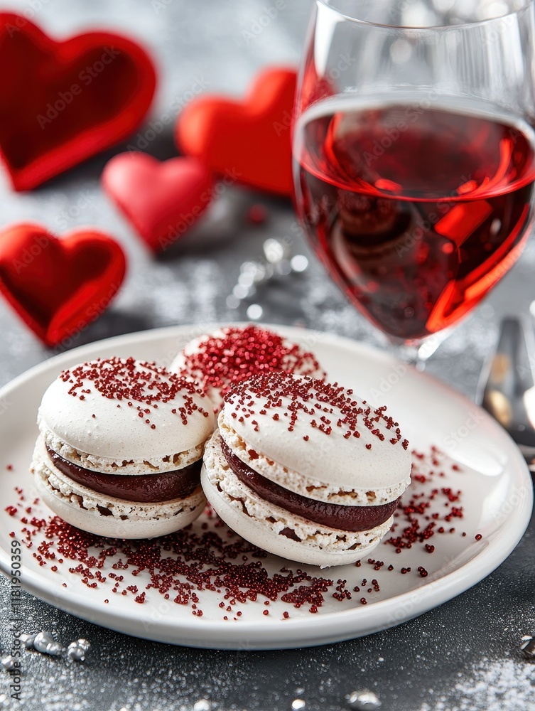 Red Heart Themed Dessert Table with Macarons and Wine Glass Red Heart Themed Dessert Table with Macarons and Wine Glass
