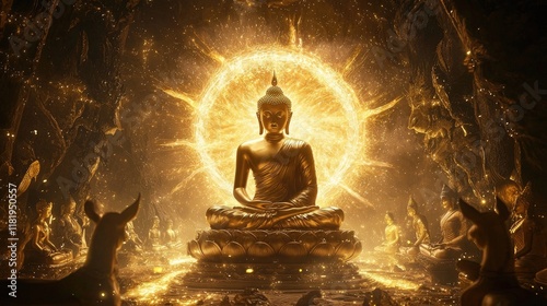 Buddha statue surrounded by a mystical celestial landscape with glowing orbs and cosmic light. Spiritual peace and enlightenment in a surreal setting. Generative by AI