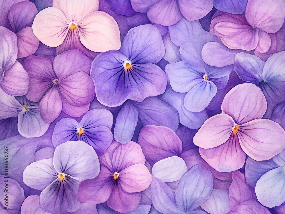Viola flowers in bloom depicted in a soft watercolor style with a dreamy and enchanting atmosphere
