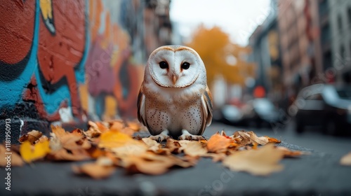 A charming barn owl stands among fallen leaves in an urban landscape, reflecting the beauty of nature integrating seamlessly within the city's vibrant backdrop.