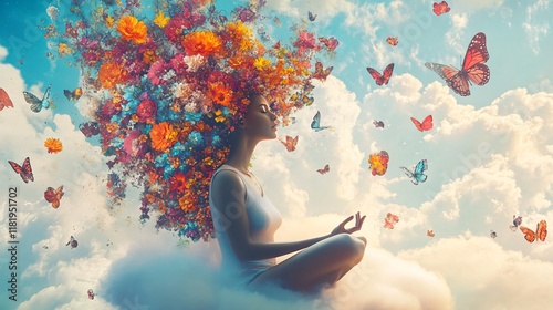 Arte Surreal de Mulher Meditando em Nuvens com Explosão de Flores e Borboletas, Transmitindo Serenidade, Criatividade, Harmonia e Conexão com a Natureza em um Universo Imaginativo
