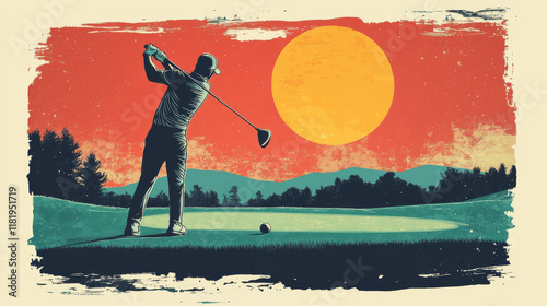 Golf tournament announcement retro poster. Vector vintage design of player man with golf stick and ball goal in hole on gree tee for sport team or club championship