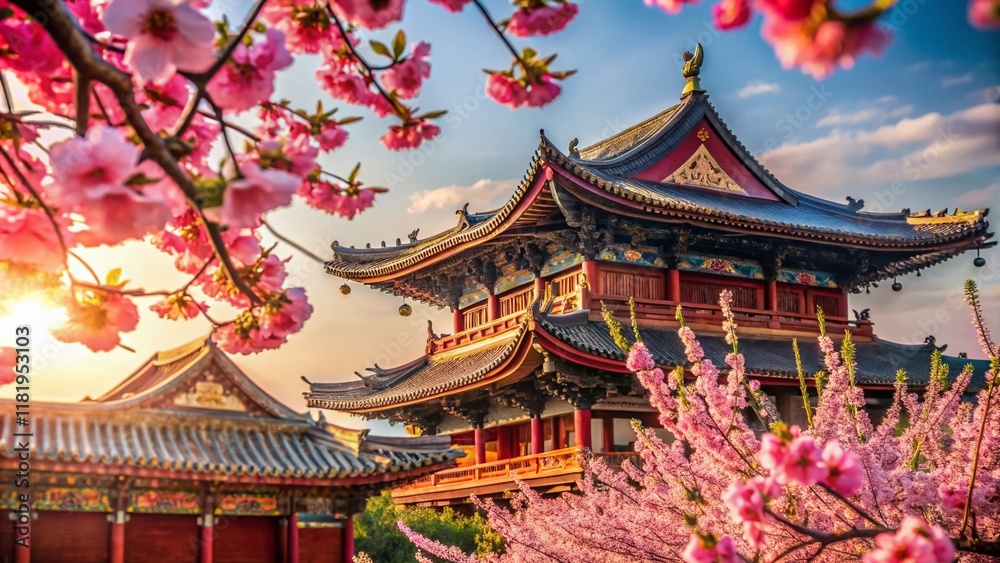 Peach Blossom in May: Delicate Pink Petals on Ancient Chinese Architecture