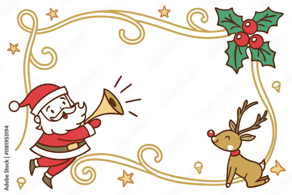 Christmas frame, golden ornate border, jingle bells, holly leaves, Santa Claus cartoon, reindeer cartoon, party horns, confetti, red bow, festive decorations, white background, cheerful holiday charac Christmas frame, golden ornate border, jingle bells, holly leaves, Santa Claus cartoon, reindeer cartoon, party horns, confetti, red bow, festive decorations, white background, cheerful holiday charac