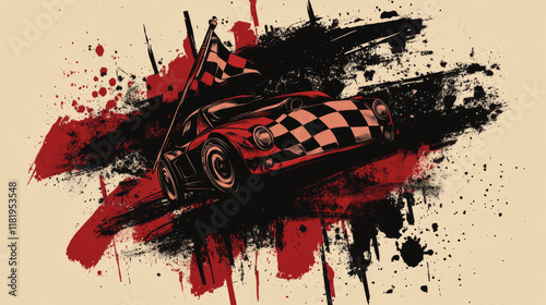 Car rally race tshirt prints with vector checkered flag, vehicle steering wheel and cannons with typography on black grunge background. Racing and motorsport championship t shirt prints or labels set photo