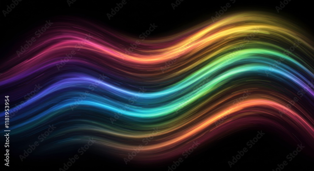 Fototapeta premium Rainbow Wave Abstract: Vibrant, flowing waves of rainbow colors cascade across a black background, creating an abstract and dynamic visual masterpiece. 