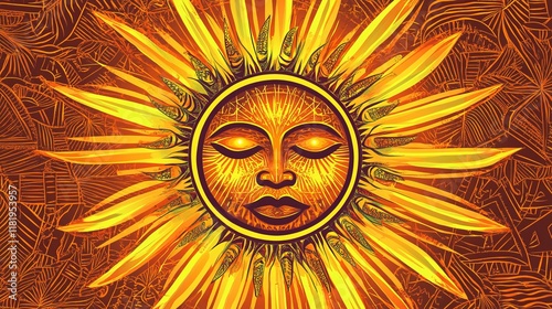 Vibrant African Sun Symbol with Radiant Rays in Bold Yellows and Oranges