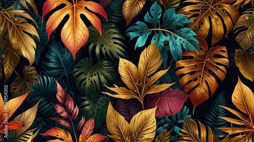 Wallpaper Mural Vintage luxury seamless floral background with tropic exotic golden leaves. Romantic pattern template for wall decor, wallpaper, wedding invitations, ceremonies, cards. Torontodigital.ca