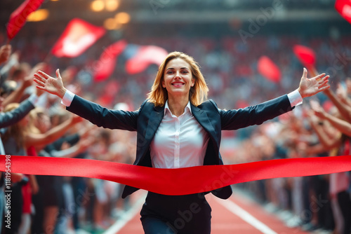 Caucasian young adult businesswoman crossing the red finish line with arms raised in triumph at an outdoor stadium surrounded by cheering crowd photo