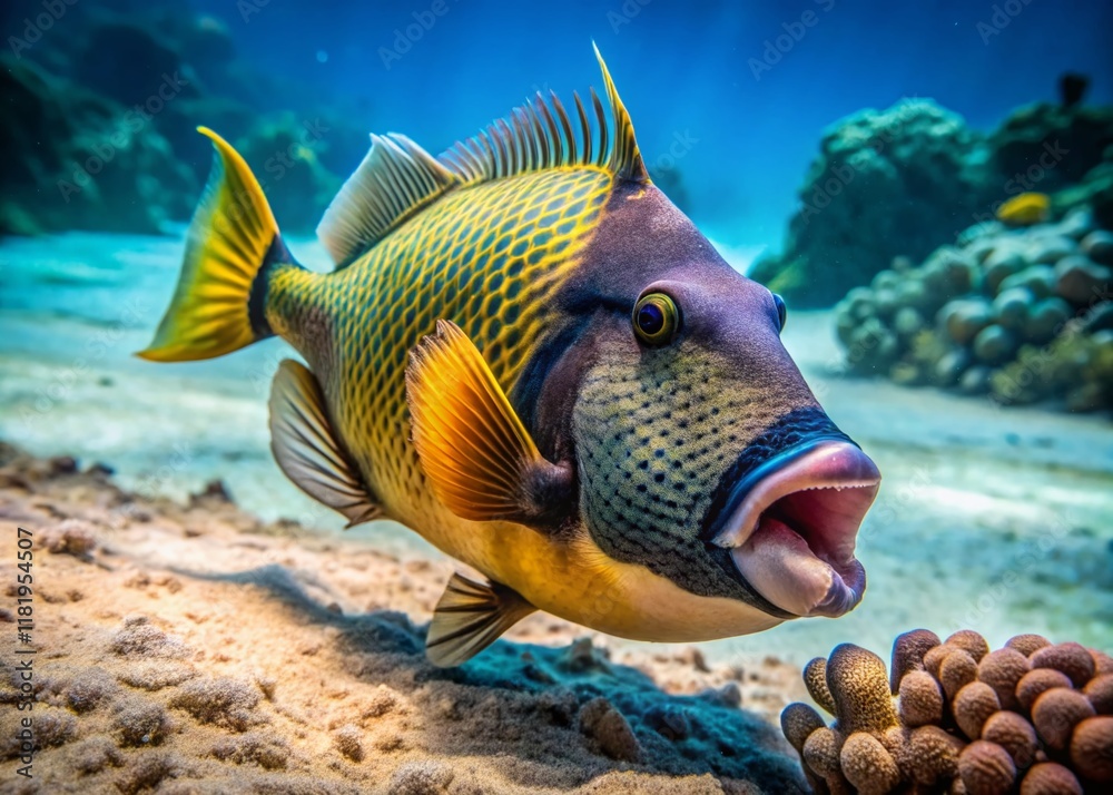 Fototapeta premium Phuket Underwater Wildlife: Titan Triggerfish Digging Coral Close-Up with Bokeh