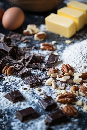 A background with chopped nuts and chocolate pieces, butter, cracked eggs, sugar and flour, cooking process