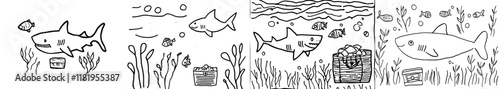 Stylized underwater composition featuring a shark, seaweed, corals, and a treasure chest overflowed with gold. A freehand sketch designed for an adult anti-stress coloring book page, incorporating