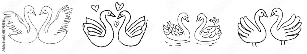 Fototapeta premium A stylized pair of swans swimming in a pond or lake, designed for a freehand sketch in an adult anti-stress coloring book, featuring doodle and zentangle elements