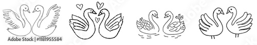 A stylized pair of swans swimming in a pond or lake, designed for a freehand sketch in an adult anti-stress coloring book, featuring doodle and zentangle elements