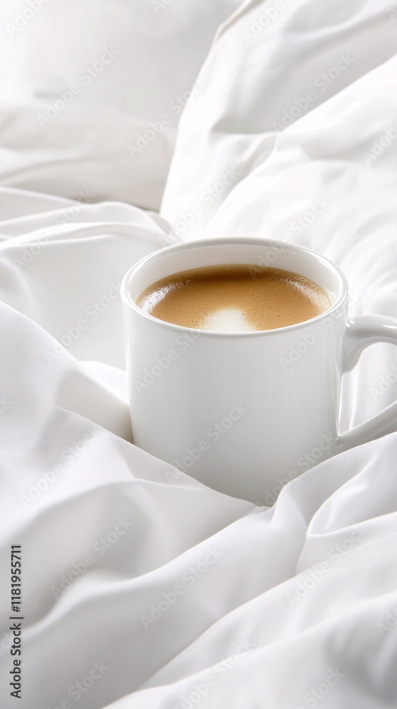 a white mug with coffee in bed a white mug with coffee in bed