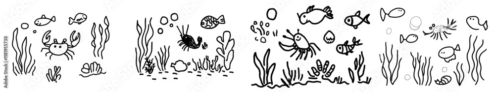 Obraz premium Childrens cartoon family of crayfish at the bottom of the pond. Modern illustration for a coloring book