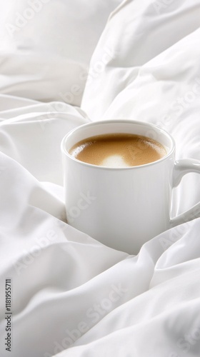 a white mug with coffee in bed