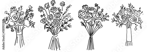 Hand drawn bouquet of roses for an anti-stress adult coloring book in zen-tangle style, modern illustration on a coloring page, isolated on white background