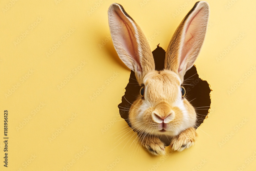 Obraz premium bunny peeking from the hole on yellow background