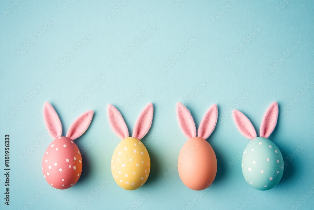 coloured easter eggs with bunny ears on a blue pastel background coloured easter eggs with bunny ears on a blue pastel background