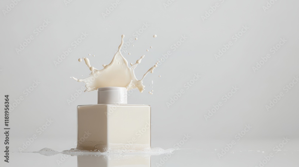 Ceramic lotion bottle splashing milky liquid pristine white background product photography clean aesthetic close-up nourishing concept Ceramic lotion bottle splashing milky liquid pristine white background product photography clean aesthetic close-up nourishing concept