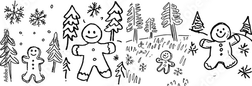 A delightful winter holiday themed coloring page featuring a happy and cheerful gingerbread man walking outdoors