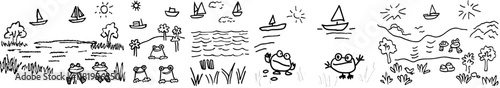 Summer joy themed find the ten differences picture puzzle and coloring page featuring gumboots and happy playful frogs