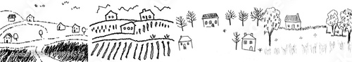 upland panorama with humorous houses and fields for your coloring