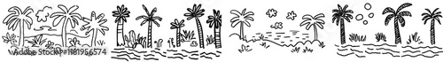 Modern hand-drawn illustration of a tropical landscape in a coloring book format, with elements on separate layers