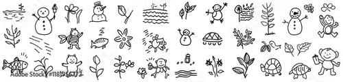 Black and white pages for a baby coloring book featuring nature, animals, and fairy tale illustrations. Printable worksheets designed for children to enhance their painting skills. Hand-drawn, modern
