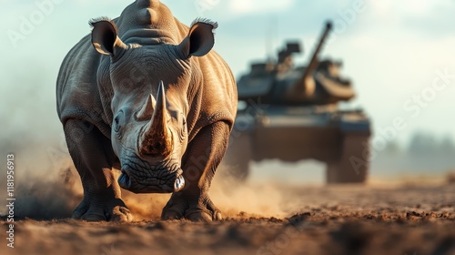 As a rhinoceros runs away from a distant military tank, the image captures the urgent struggle for wildlife preservation amidst human-driven threats in an arid landscape. photo