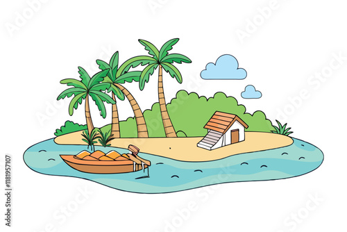 A secluded beach with a small wooden pier vector art illustration.eps
