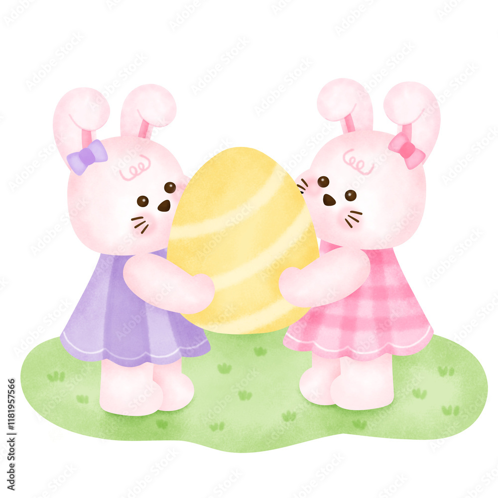 Cute Bunnies Holding Easter Egg Together