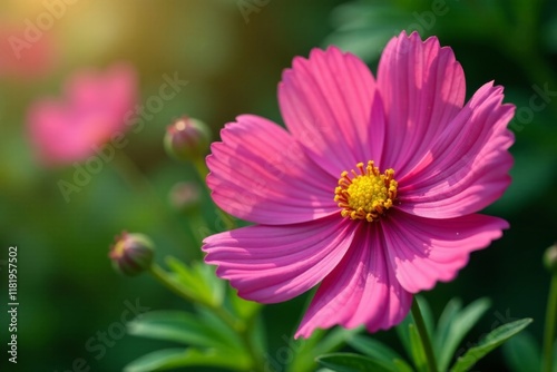 Soft petals of a newly opened cosmos flower against blurred green foliage, close-up, cosmos flower, botanical