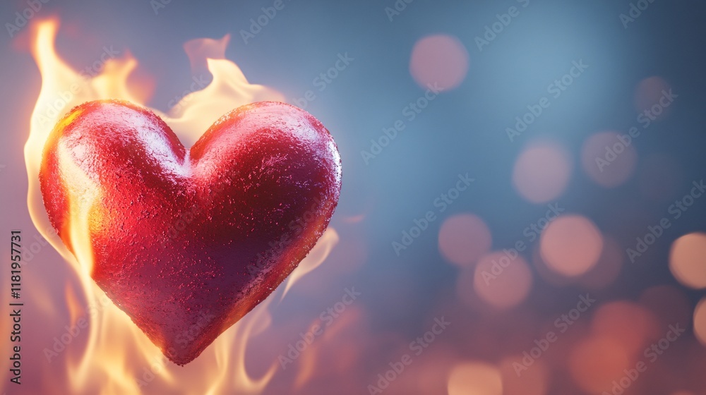Obraz premium Glowing Heart Surrounded by Flames with Bokeh Background Effect