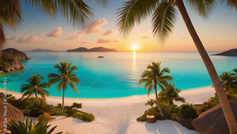 Fototapeta premium Beach with trees. Tropical Beach with Azure Water at Sunset.
