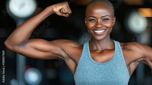 Confident woman showcasing strength in gym setting photo