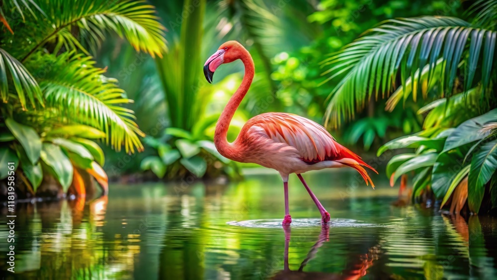 Fototapeta premium Pink Flamingo in Lush Tropical Setting - Exotic Bird Stock Photo