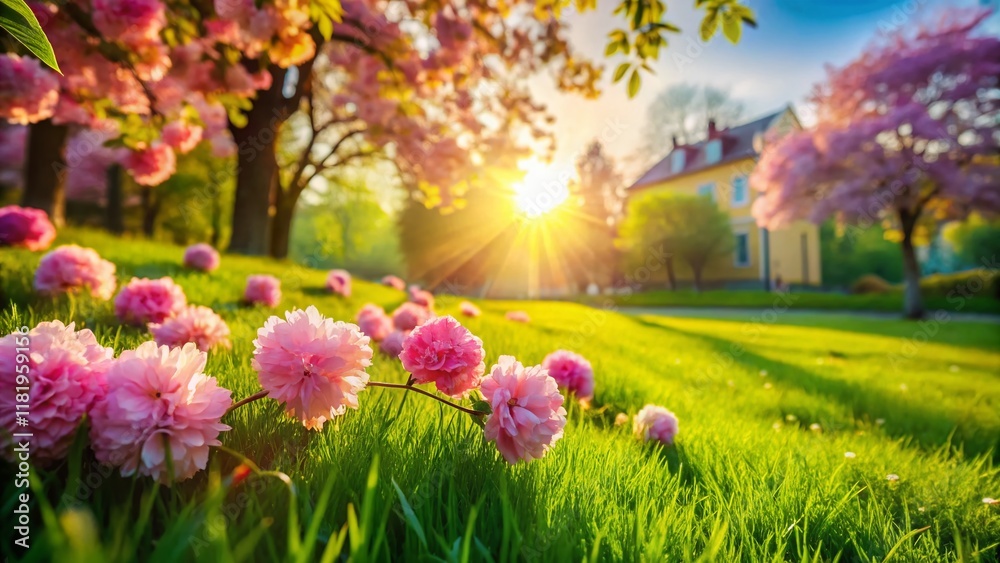 Obraz premium Pink Flowers Blooming in Lush Green Lawn - Beautiful Spring Garden Scene