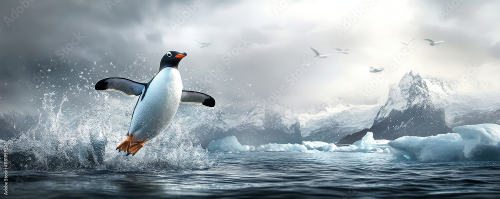 Fototapeta premium penguin leaps into ocean, creating splash against backdrop of icy mountains and cloudy skies. scene captures beauty of nature and playful spirit of wildlife
